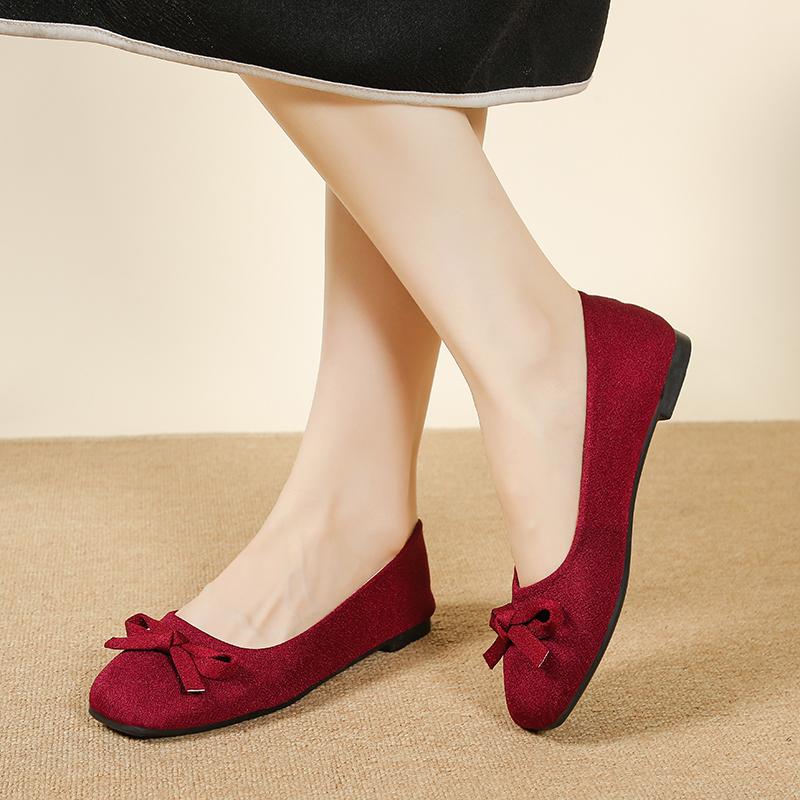 Plus Size 41 42 Low Heels Shoes for Woman Spring Autumn Square Toe Shallow Mouth Bow Soft Slip Non-Slip Women's Zapatos De Mujer