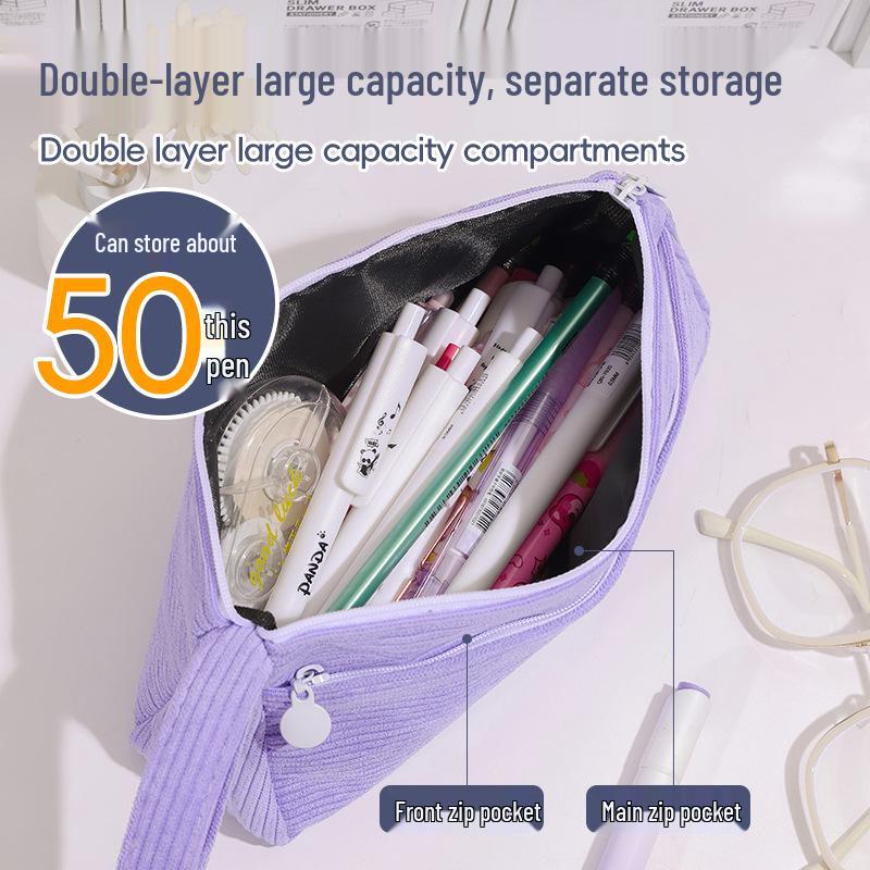 Stylish Korean Corduroy Pencil Case - Large Capacity, Solid Color for Junior High Students