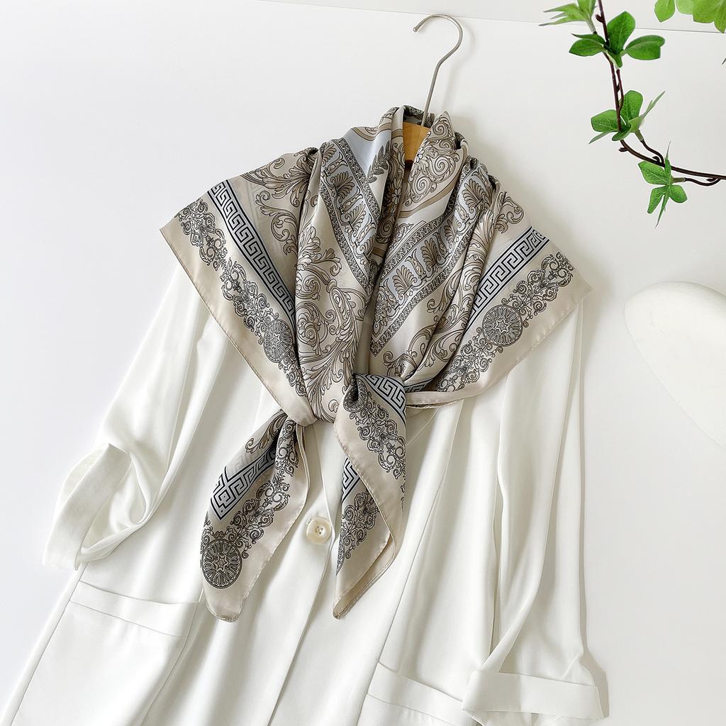 Spring and Summer New Silk Scarf 91cm Satin Women's Thin Fresh Printing Imitation Silk Square Scarf High-end Shawl