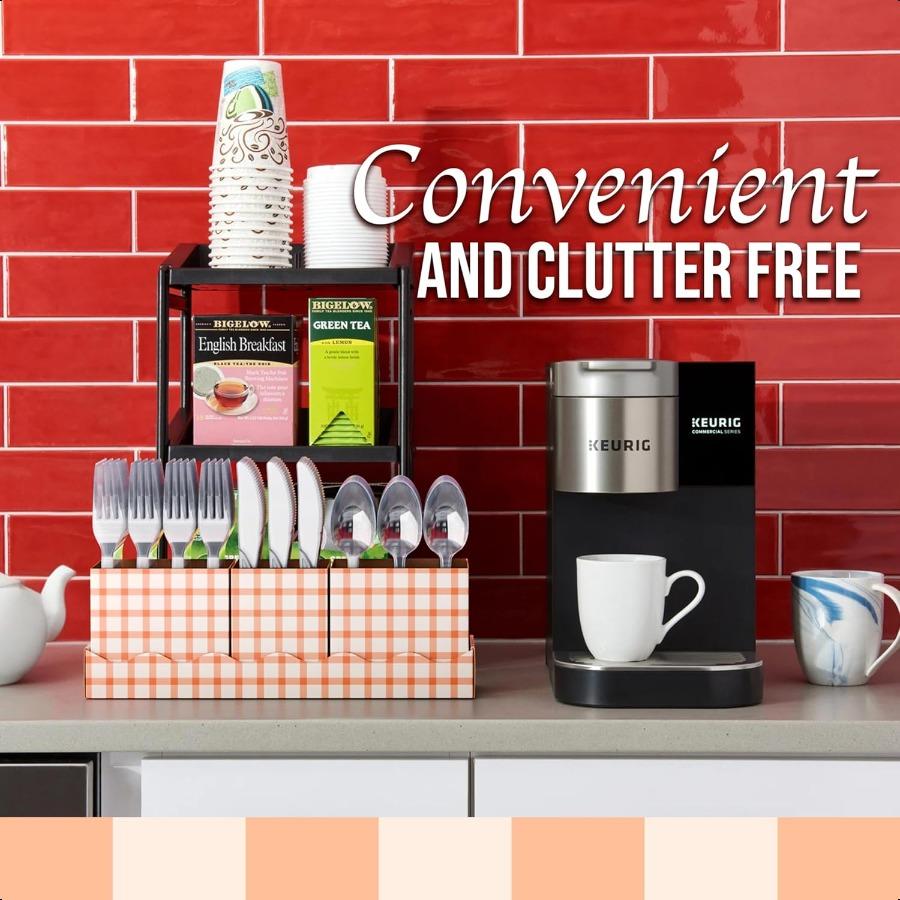 Utensil Caddy Organizer with Clear Plastic Forks and Spoons and Knives Gingham Kitchen Utensil Holder for Party with 3 X 100 Pl