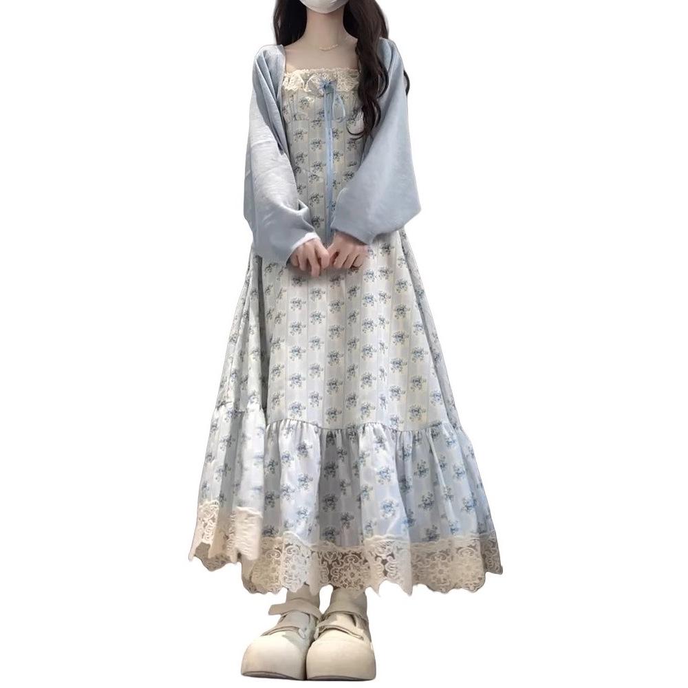 2026 Summer Korean Gentle Lace Patchwork College-Style Waist-Cinched Floral Dress with Doll Collar
