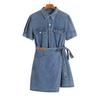 2026 Summer Slimming Short Sleeve Mid-Length Denim Dress: Stylish Cinched Waist Women's Fashion.