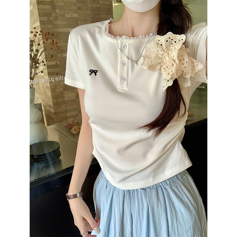 Gray lace front shoulder short-sleeved t-shirt women's summer new pleated card waist bow short top