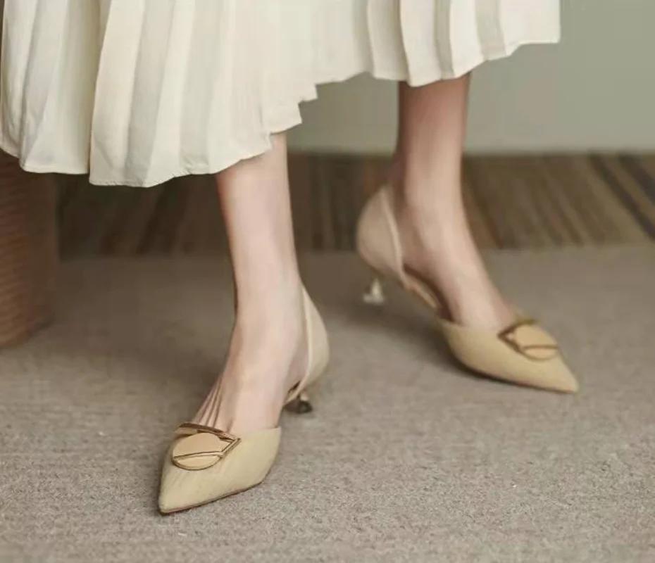 Fashion Metal Decoration Pointed Toe Office Apricot Women's Shoes Ladies Footwear With Medium Heels Stilito Luxury Leather Casual A E L