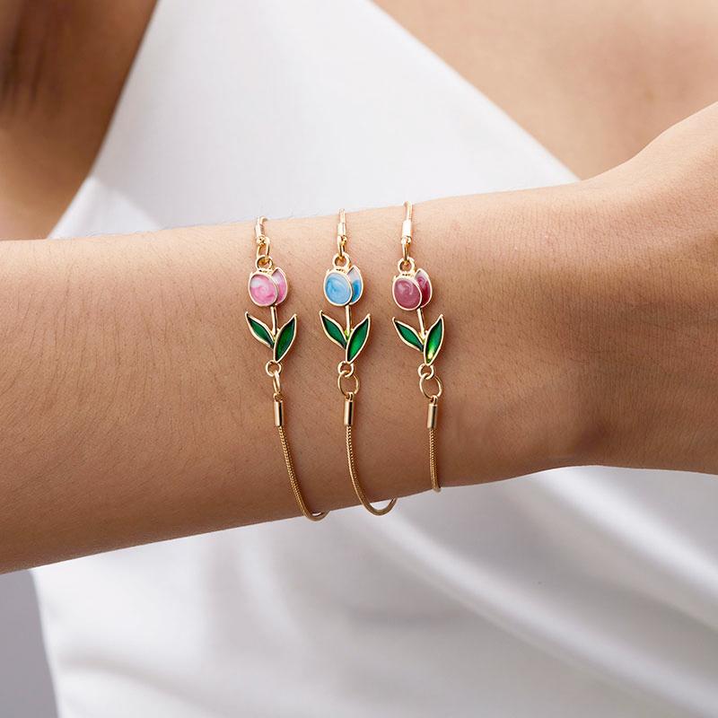 Koreanisches Tulpenblumen-Armband für Damen Leichter Luxus Emaille Kupfer Hummerverschluss Kette Verstellbares Charm-Armband Trendiger Schmuck