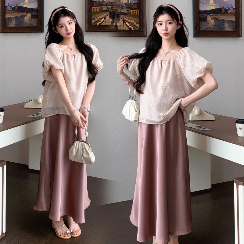 2026 Summer Sweet Maternity Petite Jacquard Two-Piece Set: Short-Sleeve Top & Skirt 2XL