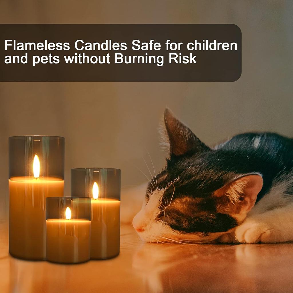 Rechargable Flameless Candles with Timer & Remote Control, Built-in Battery LED Candles, Gray Glass Candles Gift Set, Set of 3 Pillar Flickering