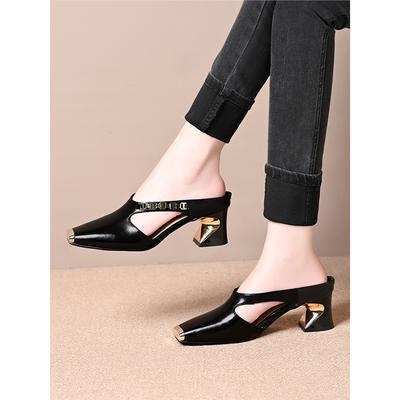 Metall Eisenkopf Sommer neu eckiger Kopf Halbschuhe Damen Oberbekleidung mittlerer Absatz weiches Leder lässig faul ein Pedal Taschenkopf Schleppschuhe