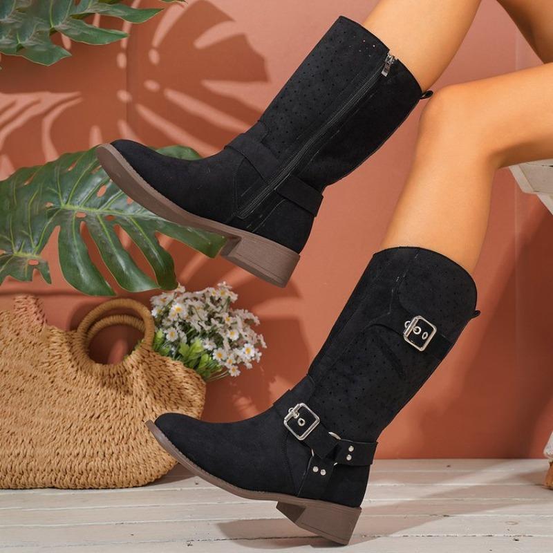 Large-size Round-toe Square-heel Fashion Boots for Autumn and Winter, New Metal Buckles and Mid-leg Women's Boots Worn Outside