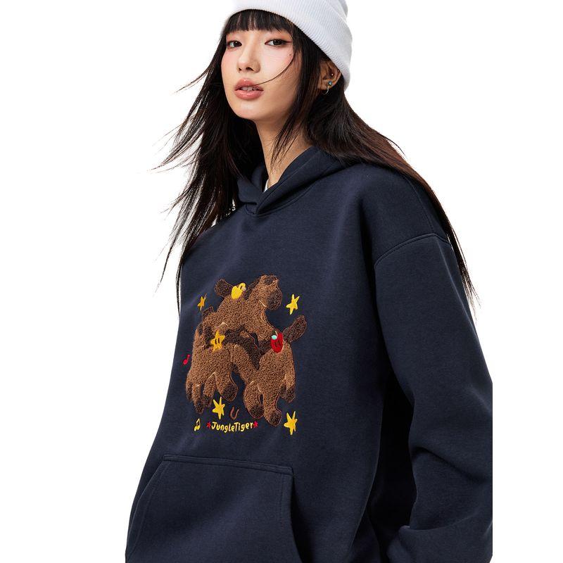 Jungle Tiger Towel Embroidery Three Little Horses Heavyweight Hooded Sweatshirt Unisex Trendy Brand Zodiac Year New Year Horse Year Clothing