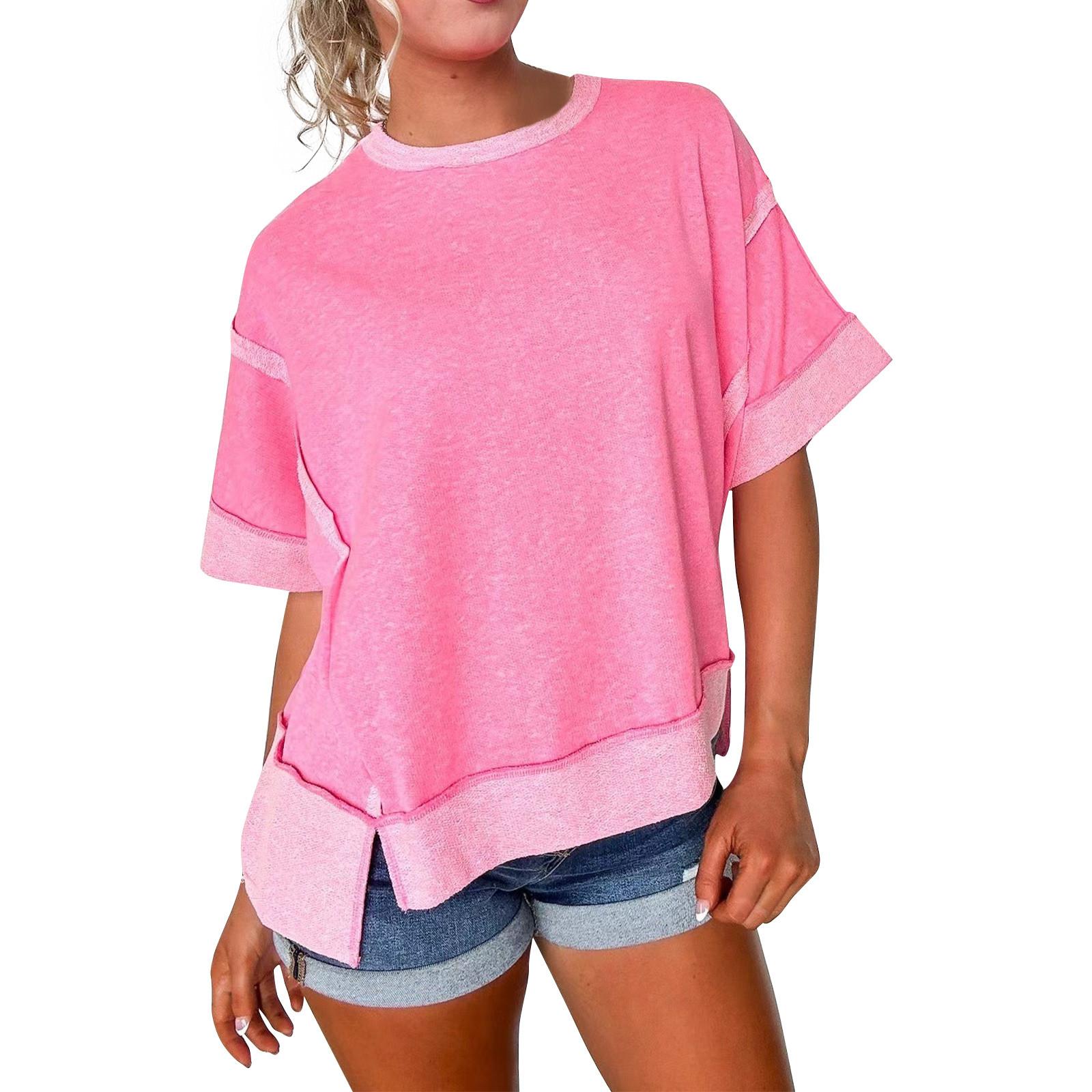 

Женские рубашки с коротким рукавом и круглым вырезом, повседневные плиссированные топы без рукавов XL розовый