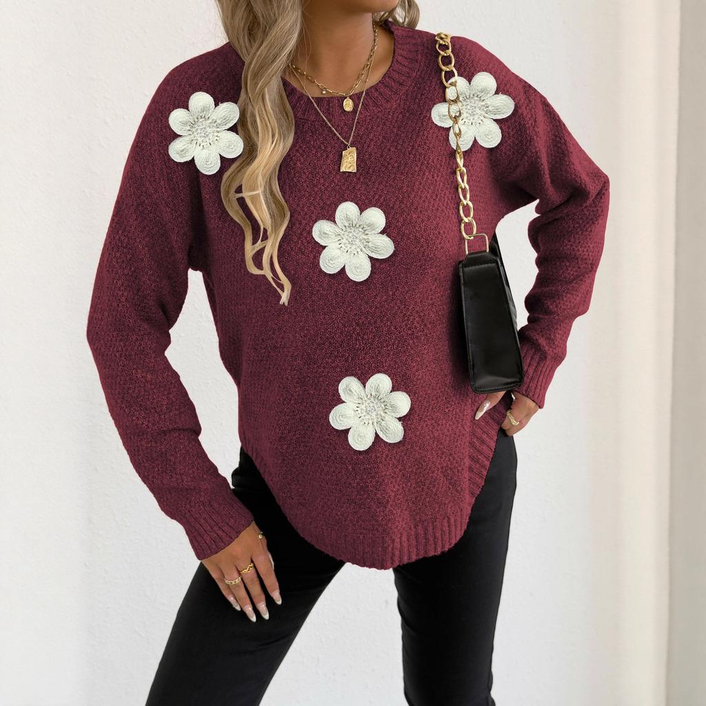Women's Knitted Tops Women's Embroidered Beading Three-dimensional Flower Stitching Round Neck Pullover Woven Sweater