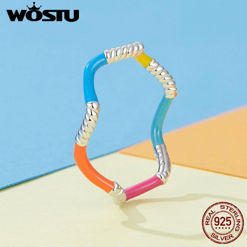 WOSTU 925 Sterling Silver Rainbow Wave Prsteny pro ženy Nepravidelný Twist Ring bonbónové barvy Party Šperky Dárek k narozeninám