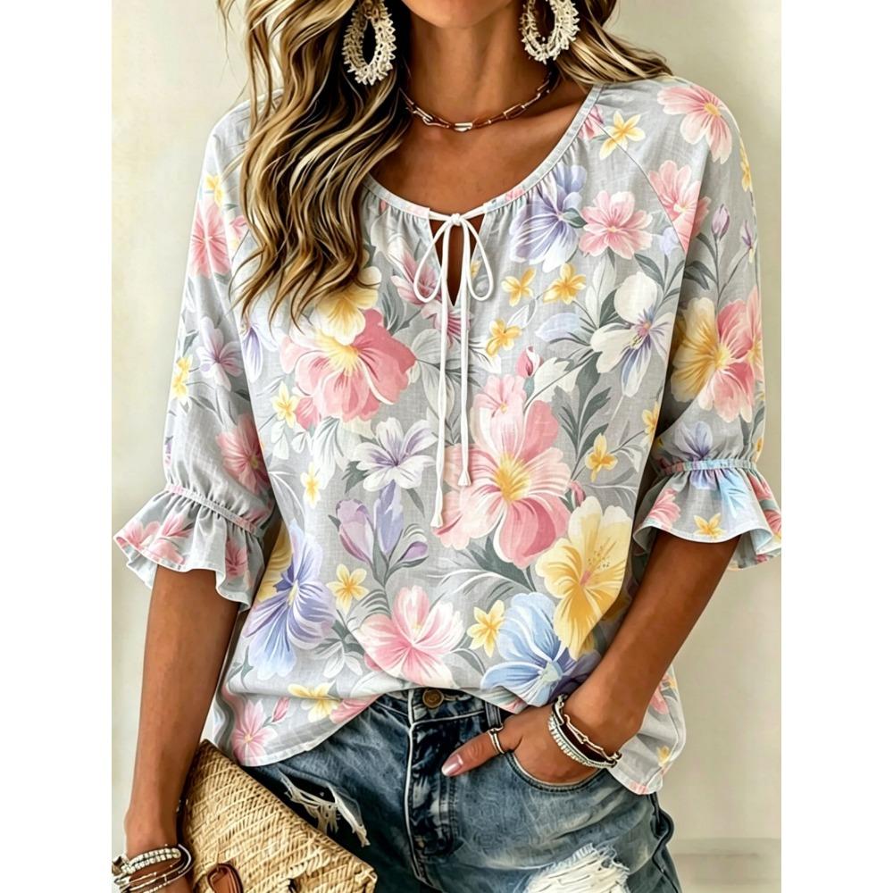 Women's Beige Multicolor Floral Print Tie Neck Blouse, Casual Loose Tops for Spring Summer Daily Wear & Vacation Occasions