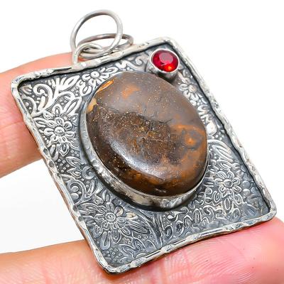 Natural Ghost Eye Jasper, Garnet Gemstone 925 Sterling Silver Pendant 2.21" U8J42