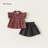 Girl Summer Cotton Plaid Twopiece Set With Short Sleeve Top And Shorts For Kids Age 3 To 8