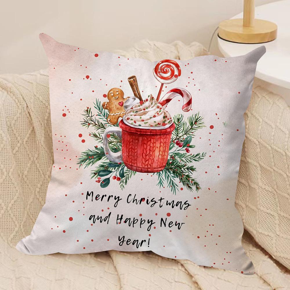 Christmas Pink Gingerbread Cushion Cover Silky Short Plush Invisible Zipper Dustproof Sofa Pillow Case For Home Decor