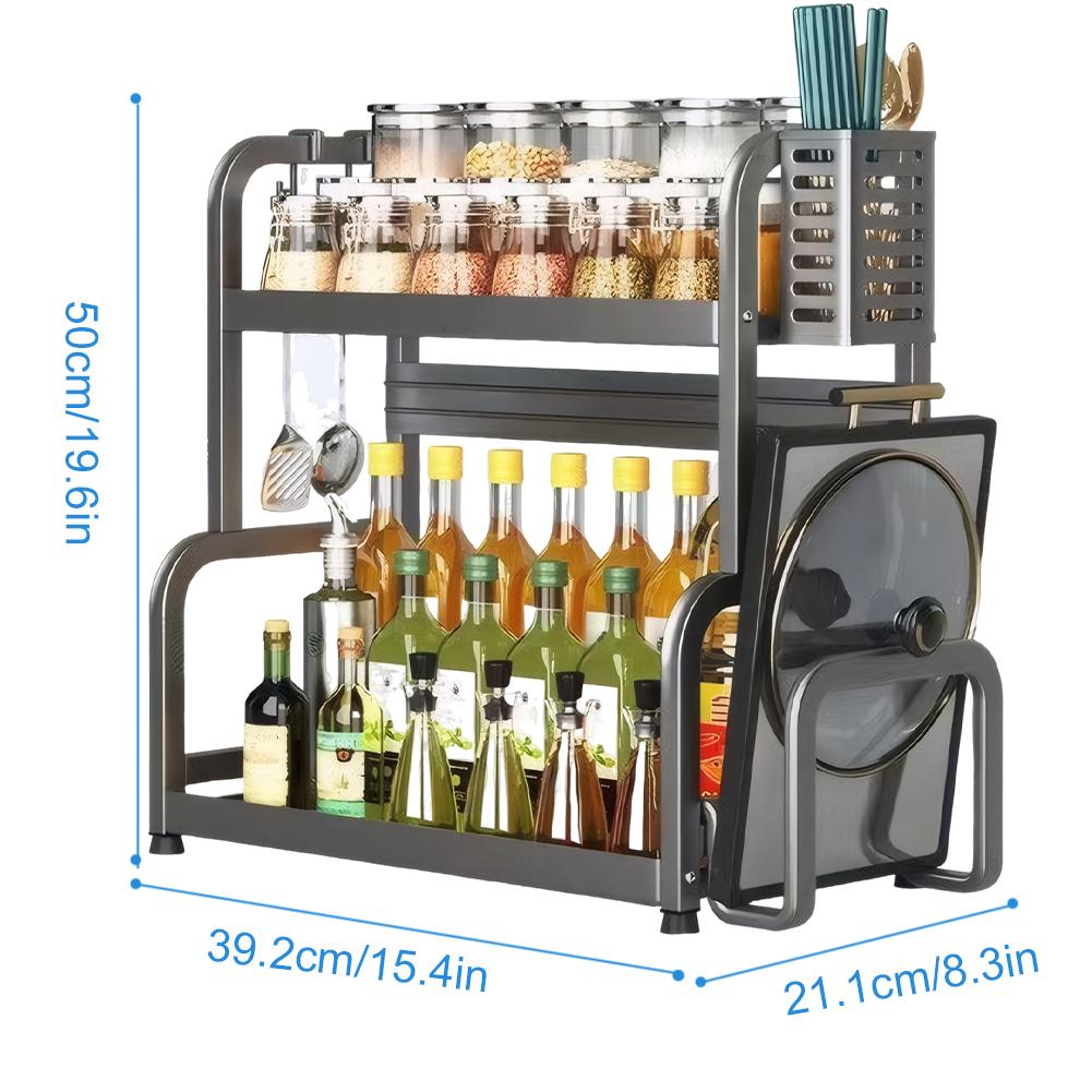 2/3 Layer Seasoning Organizer Carbon Steel Seasoning Bottle Rack with 4 Hooks Countertop Organizer Multi-Function for Kitchen