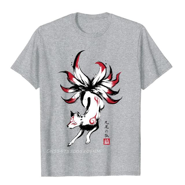 Kyubi No Kitsune Sumi-E Tshirt Amaterasu Okami Wolf Japanese T Shirt for Men Premium Cotton Men's Tops & Tees Novelty T Shirts