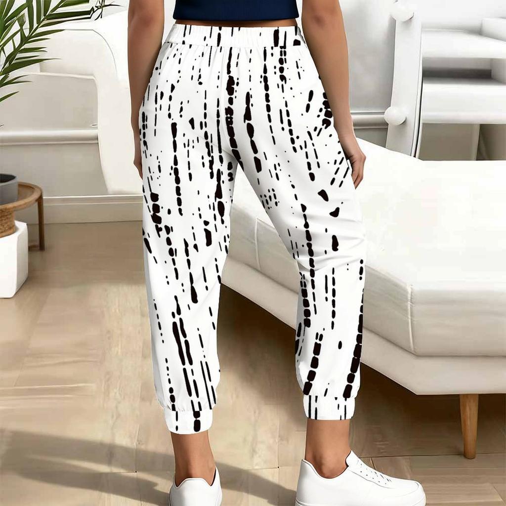 Summer Ladies Geometric Line Printed Sweatpants Loose Fit Drawstring Joggers Elastic Cuff Daily Casual Pants
