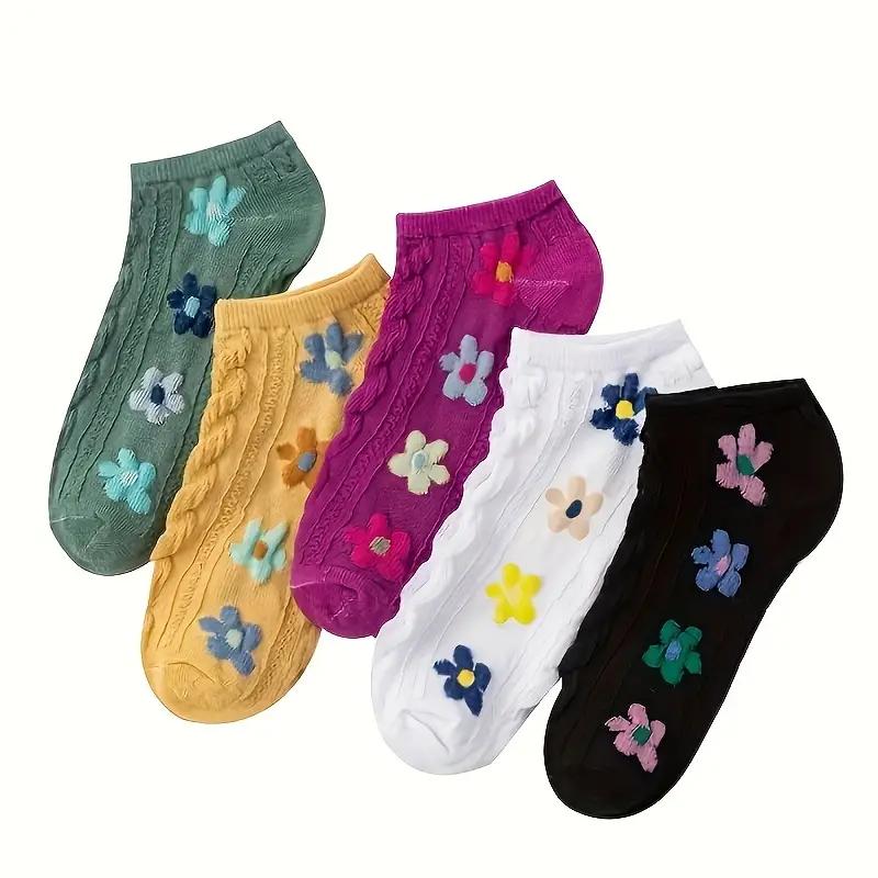 

5 пар Милых и Удобных Женских Низких Носков до Щиколотки с Цветочным Принтом - Мягкие и Текстурированные Чулки и Носки One Size