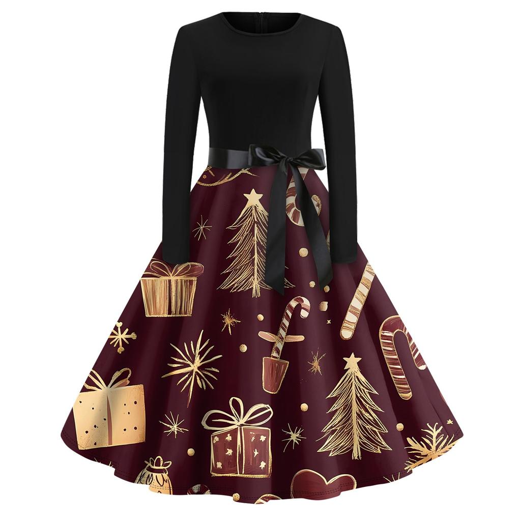 Halloween Print Flare Dress For Women Long Sleeve Dress Hollow Party Casual Round Neck Dresses