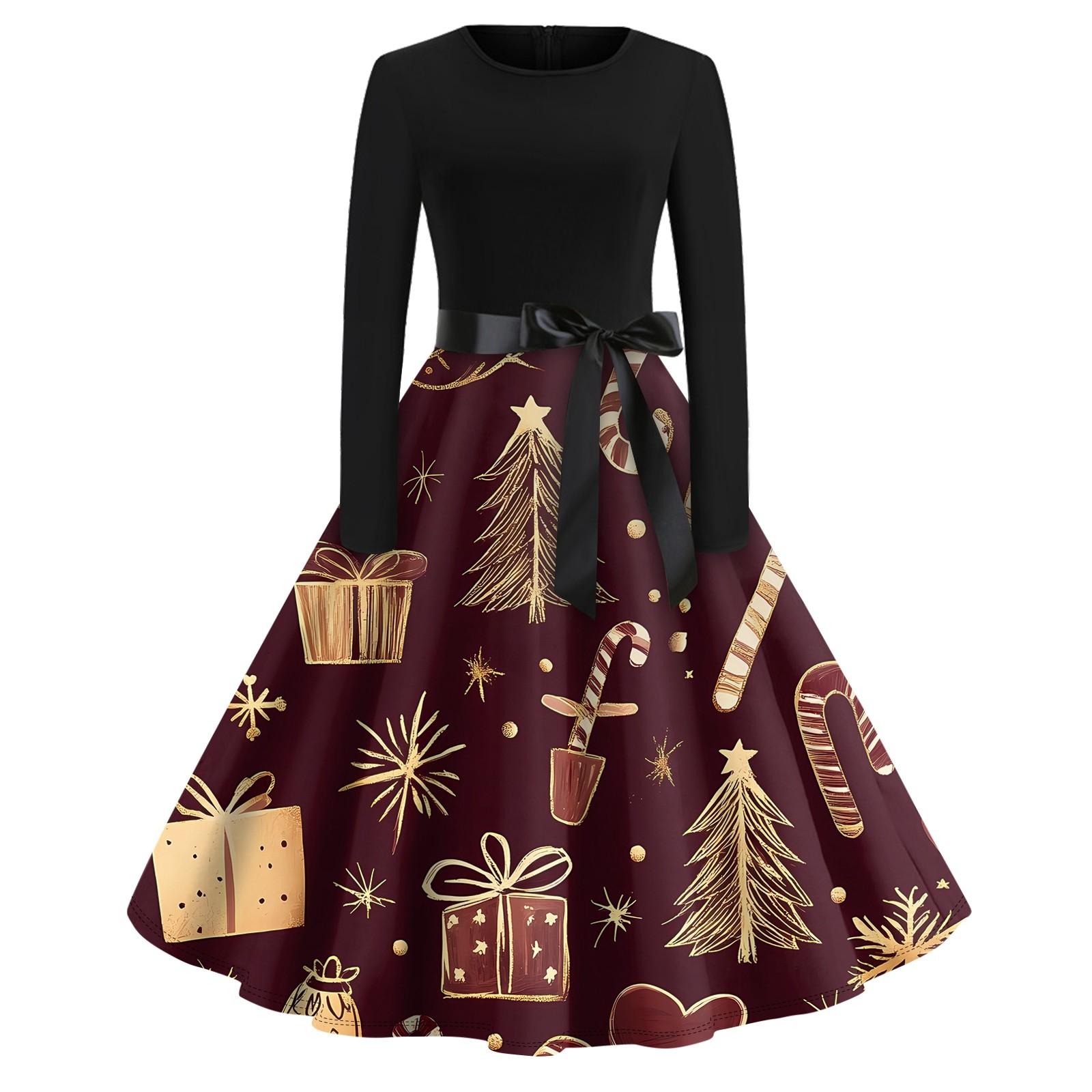 

Платье-клеш с принтом на Хэллоуин для женщин с длинным рукавом, повседневные платья с круглым вырезом и ажурной отделкой S винный