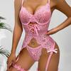 3 Pieces Floral Lace Lingerie Set Transparent Bra Set Hot Erotic Sexy Costumes Solid Color Underwear Seamless Bra Thong Garters