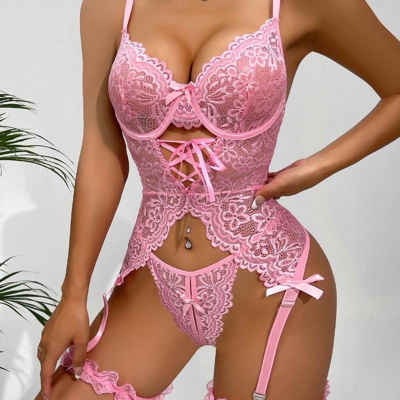 3 Pieces Floral Lace Lingerie Set Transparent Bra Set Hot Erotic Sexy Costumes Solid Color Underwear Seamless Bra Thong Garters