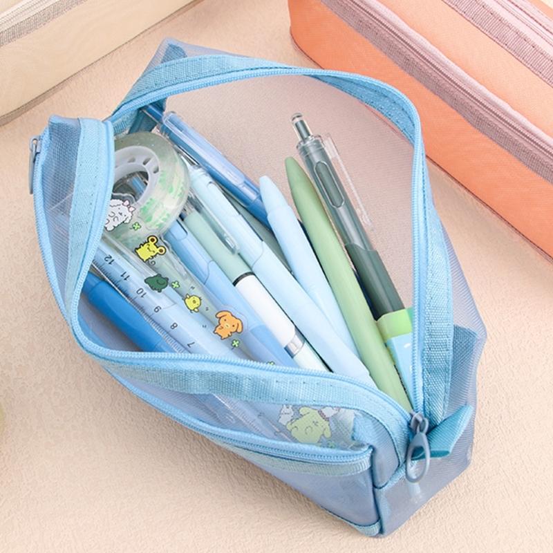 Clear Mesh Pencil Case Double Layer Pencil Pouches Large Capacity Pen Organizers Storage Bag Portable Makeup Storage Bag