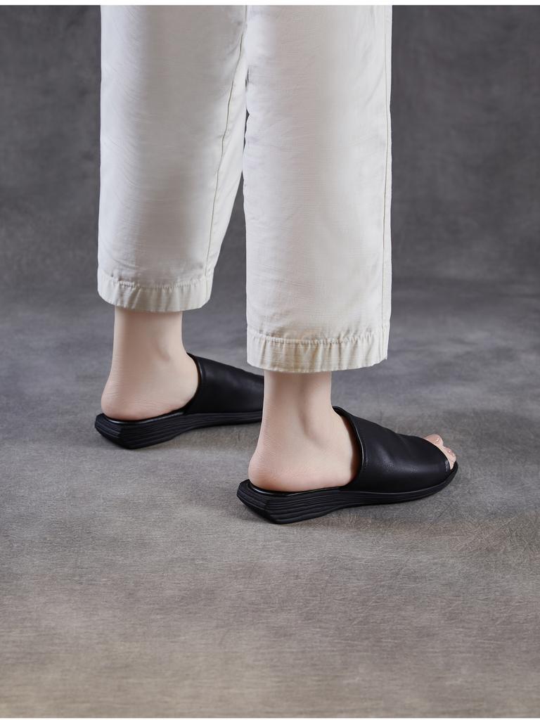 Johnature Retro Outerwear Slippers Genuine Leather Soft Soled Peep Toed Flat Women's Slides