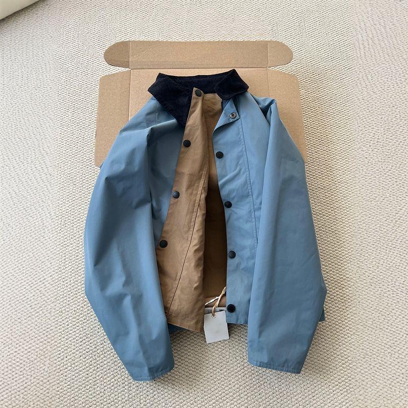 

Рекомендуем уровень Хао! Ретро Синий Цвет Контрастная Отделка Отложной Воротник Двусторонняя Носка Свободная Повседневная Куртка Пальто Женский Короткий Тренч Blue S