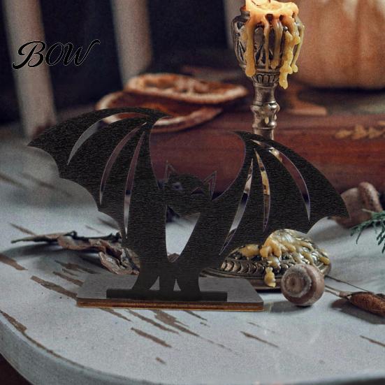 Halloween Horror Atmosphere Decor Bat Ornament, Solid Wood Tea Candle Holder, Classroom Spooky Decoration, for Desktop Electronic Candles Decorative