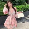 Elegant V-Neck Floral Tie-Up Dress with Cinched Waist – A Versatile, Fashionable Slim-Fit Short Skirt for Women