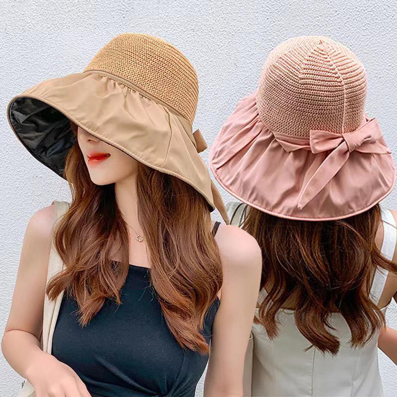 Women's Black Anti-UV Wide Brim Sun Hat with Face Shield
