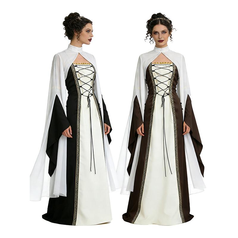 Abito Medievale Rinascimentale con Mantello, Abito Lungo Vittoriano con Lacci per Donna, Ideale per Halloween, Cosplay e Feste a Tema