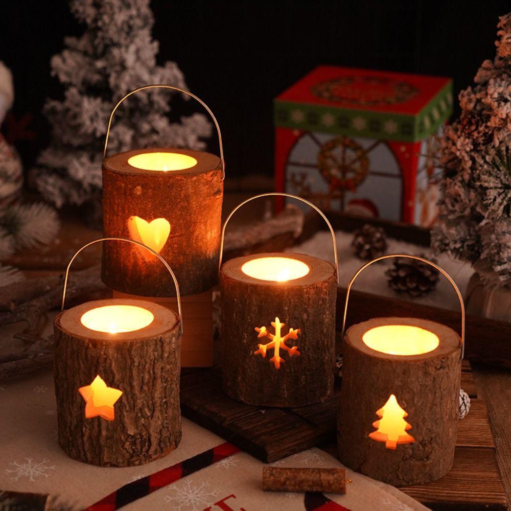 Tabletop Ornament Rustic Wood Candlestick Minimalist Natural Craft Candelabra with Handle Decorative Candle Holder New Year