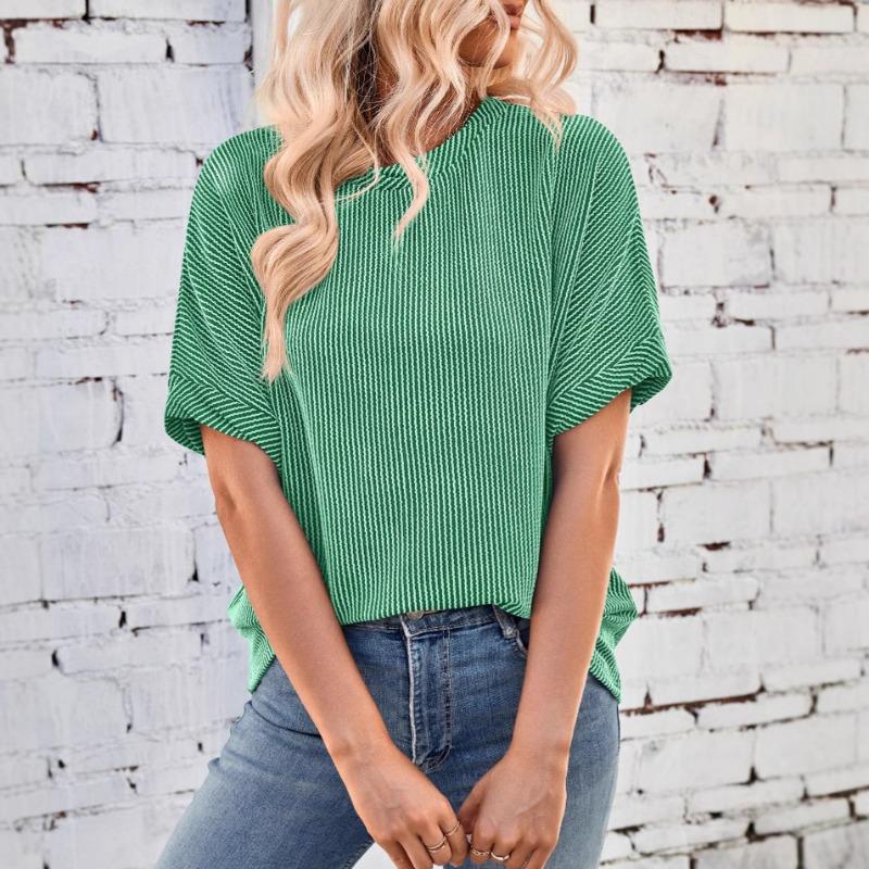 Loose Round Neck Batwing Sleeve Striped Pullover Short Sleeve Casual T Shirt