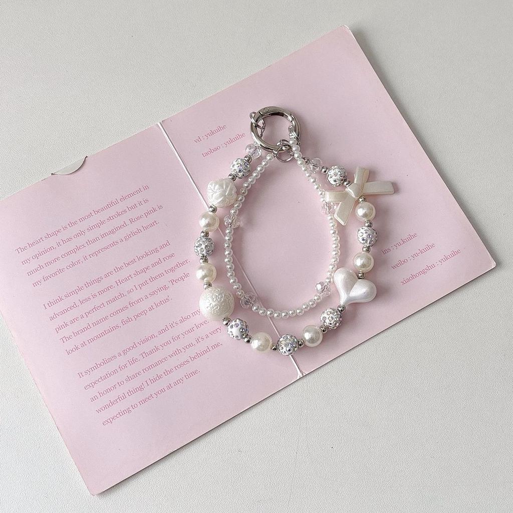 Beaded Pearl Rhinestone Keyring & Lanyard with Phone Case