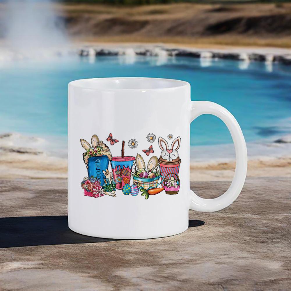 Easter Symbol Mug Hand-painted Egg Water Mug Colorful Rabbit Coffee Cups Shake Cotton Tail Cute Gift School Office Ceramic Mugs