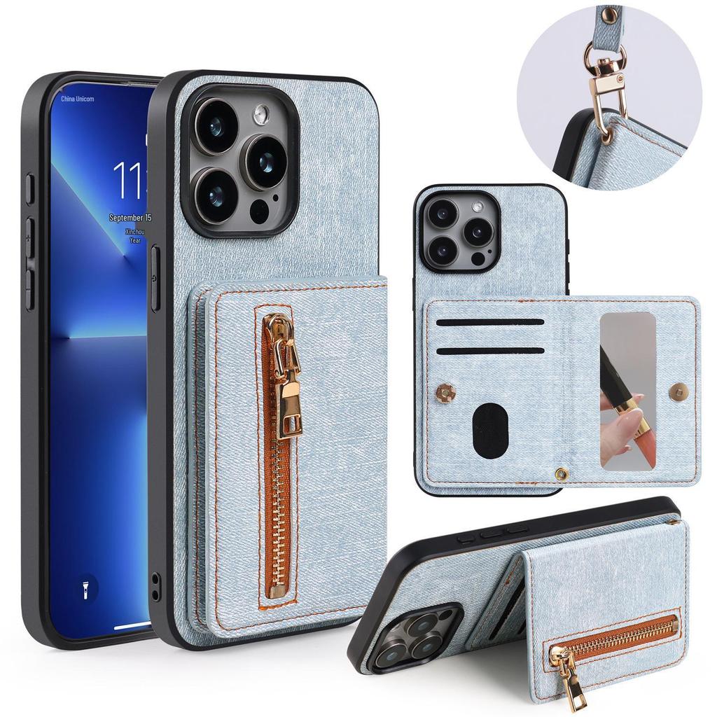 iPhone 17 Case with Denim Texture and Zipper Card Holder for Apple 16 Pro Max/15/14