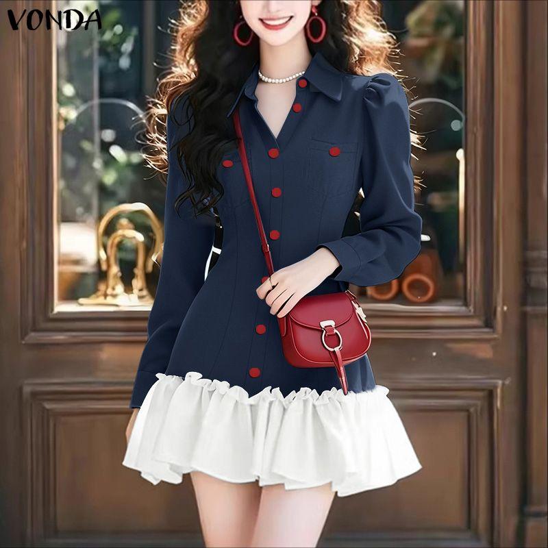 VONDA Women Casual Round Neck Puff Sleeve Patchwork Ruffled Hem Mini Dress