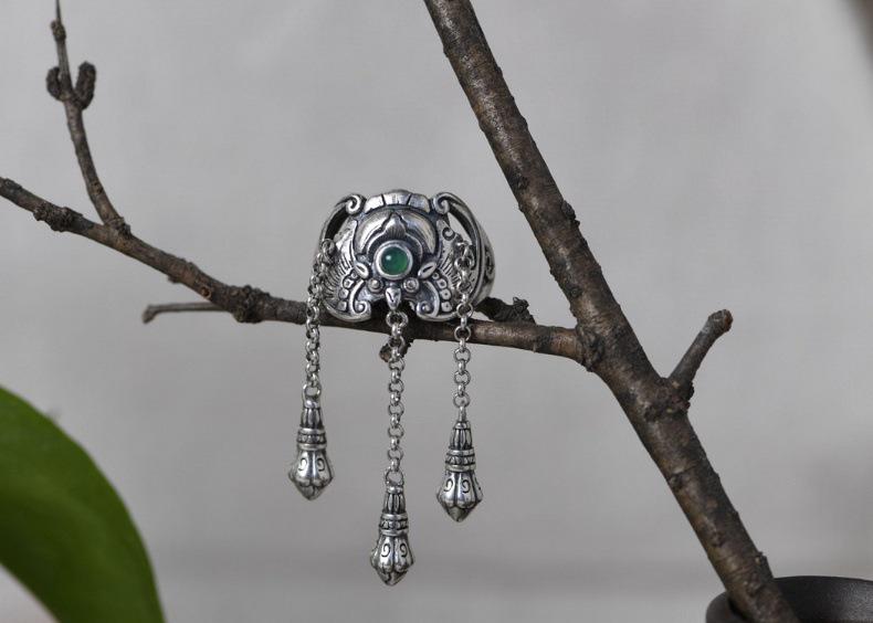 Thai Silver Tassel Bat Ring: Retro Ethnic S925 Sterling Silver Finger Ring for Women