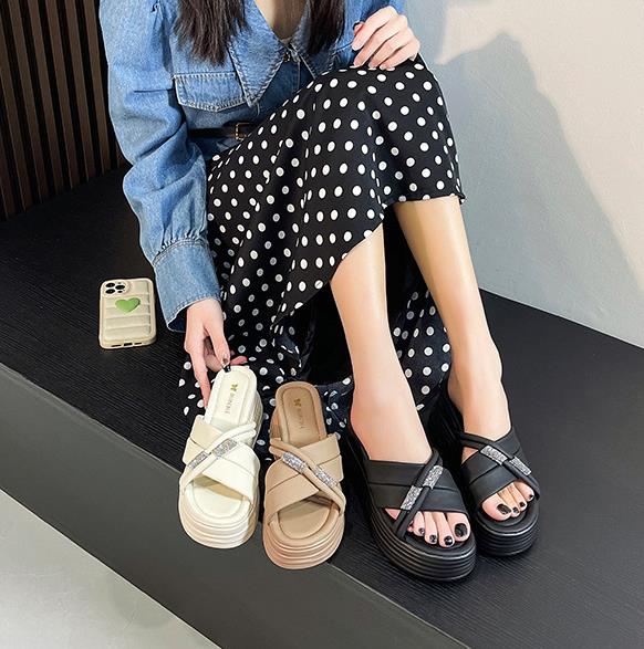 Fashion 7CM Summer Peep Toe Microfiber Platform Flats Fabric Platform Wedge Flats Shoes Slip on Women Sandals Leather Slippers Fashion