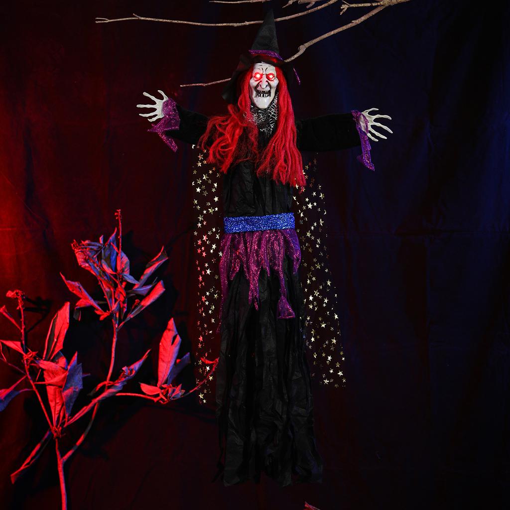 Animated Witch Halloween Decorations Outdoor Indoor Scary Halloween Animatronics Decor Hanging Ghost Talking Sound Activated Led Lights Eyes Haunted