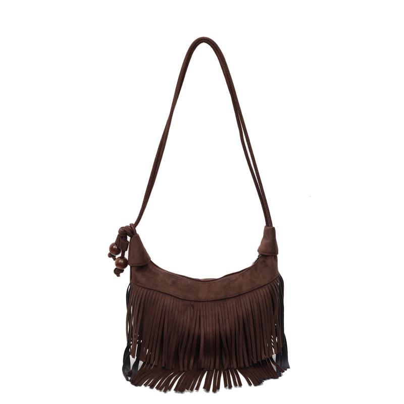 2025 Autumn Fashion Classic Style Faux Suede Tassel Shoulder Bags Solid Zipper Popularity Personality Crossbody Bags for Women