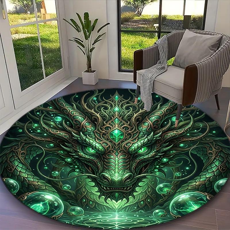 Ancient Green Dragon Rug Ideal for Reading Room, Multi-purpose Office Chair Sofa Carpet, Anti-slip Printed Home Round Rug