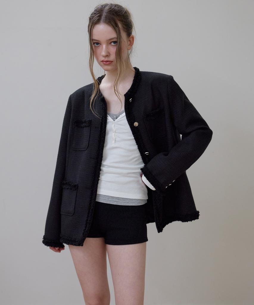 ROSEFRANTZ Fringe Pocket Tweed Jacket [Black]