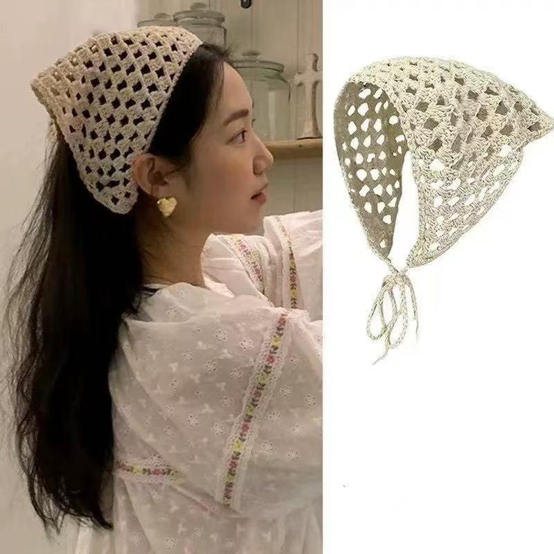 Knitted Crochet Headscarf French Pastoral Triangle Headband Handmade Soft Hair Wrapper for Beach Picnic Holiday Boho Fashion