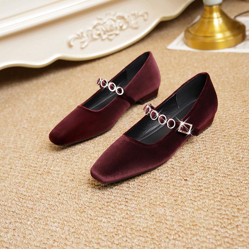 Retro Square Head Satin Thick Heel Light Mouth One-word Diamond Strap Small Low Heel Suede Mary Jane Single Shoes Elegant